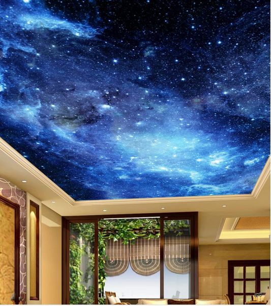 Blue space fantasy starry sky ceiling mural 3D wallpaper for living room ceilings