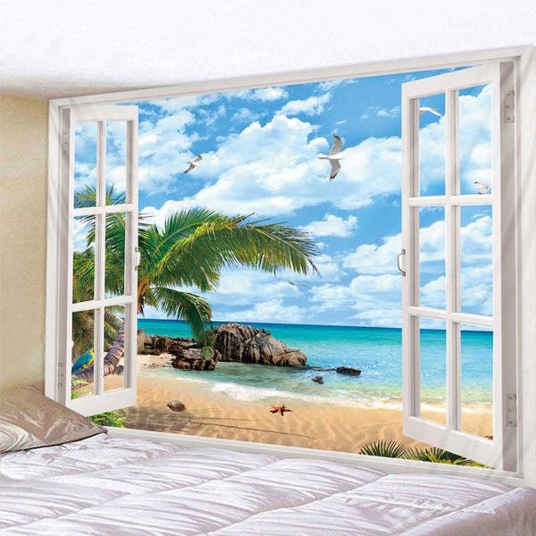 Bohemian tapestry featuring a beach view outside a window, with mandala designs for hippie decor