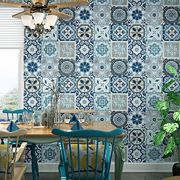 Bohemian-inspired faux tile wallpaper with Moroccan mosaic patterns in vinyl PVC material