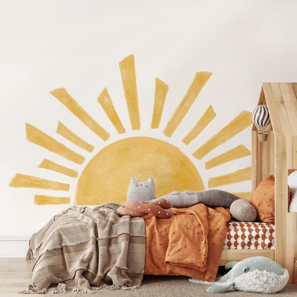 Boho nursery wall decal featuring a half-sun design, self-adhesive vinyl sticker for baby room or bedroom decor