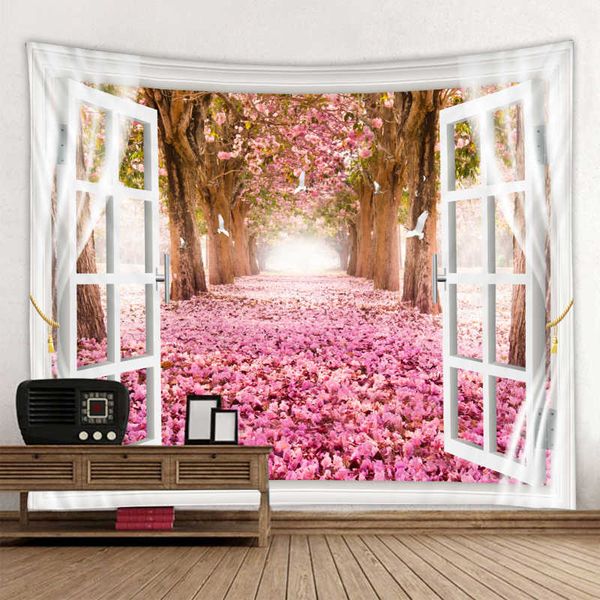 Boreal Europe-inspired digital tapestry print featuring garden views for home wall decor