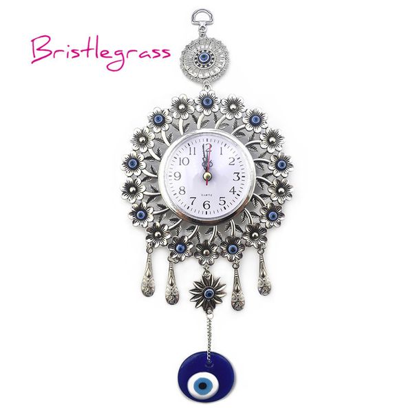 BRISTLEGRASS Turkish Blue Quartz Wall Clock with Flower Pendants and Lucky Charms for Home Protection and Decoration