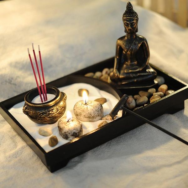 Buddha statue incense burner set for sand meditation, peaceful decor with Feng Shui elements