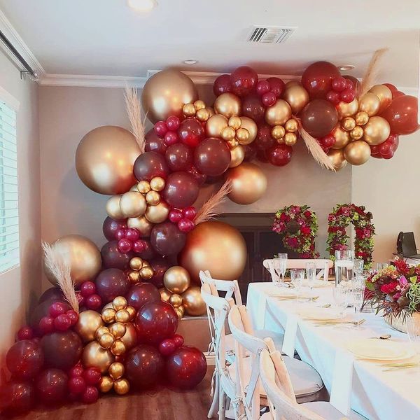 Burgundy wine red balloons and gold garland kit for Christmas and Valentine's Day decor