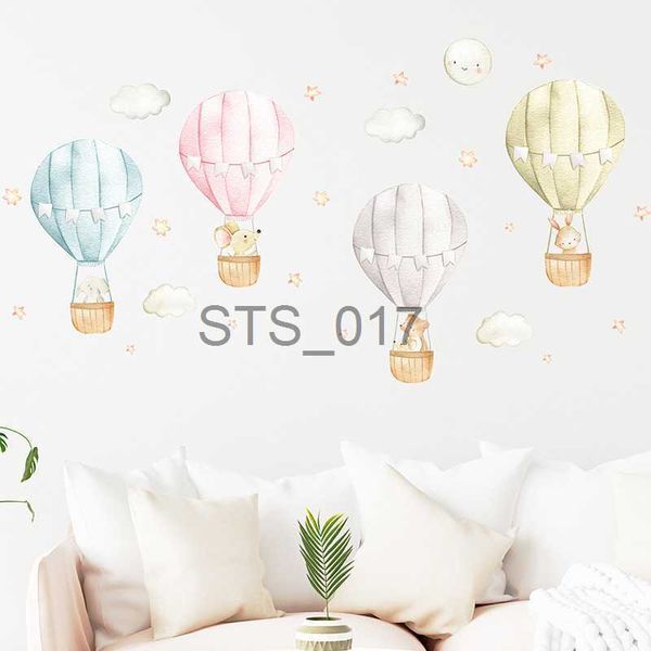 Cartoon animal stickers on vibrant hot air balloons for kids' room decor