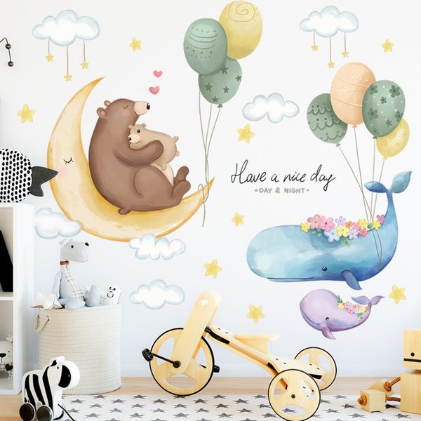 Cartoon bear and whale wall decals for kids' rooms and home decor