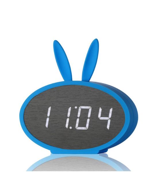 Cartoon Bunny Ears LED Wooden Digital Alarm Clock with Voice Control and Thermometer Display in Blue