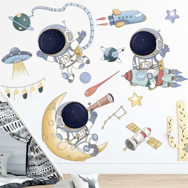 Cartoon Spaceship Wall Sticker for Kids' Rooms, Nursery Astronaut UFO Vinyl Wall Decals for DIY Home Decor Murals