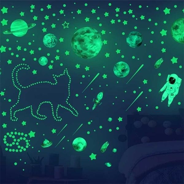 Ceiling glow-in-the-dark star stickers for kids' bedroom decor featuring starry sky and astronaut themes