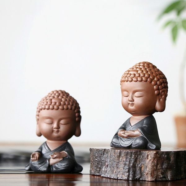 Ceramic purple sand tea pet ornaments featuring small monk Buddha statues, modern miniature figurines for home decor, Zen Tathagata style T200710