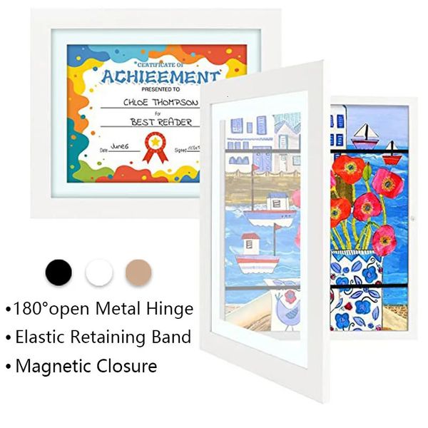 Children's Magnetic Wooden Art Frames for Drawings and Oil Paintings with Clamshell Storage Box Home Decor