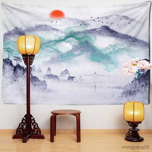 Chinese landscape tapestry featuring ink mountains, trees, and a red sun for home decor