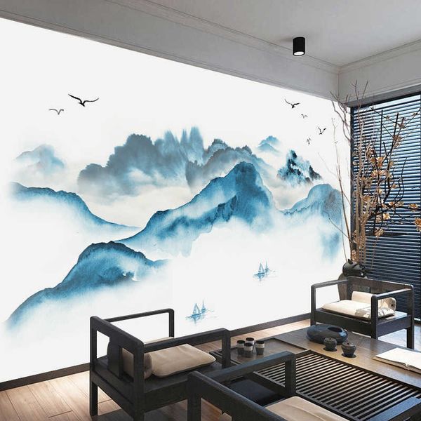 Chinese landscape wall decal for living room with mountain vintage poster aesthetic bedroom wall stickers