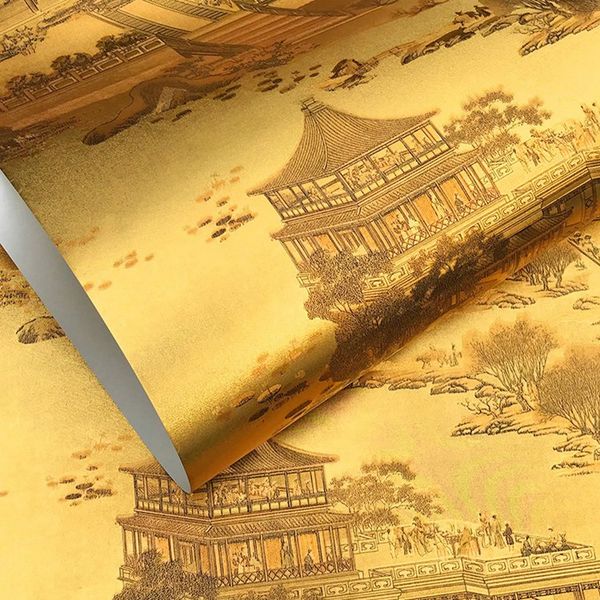 Chinese retro high-end mural wallpaper featuring luxurious golden classical art designs and gold foil wall covering rolls