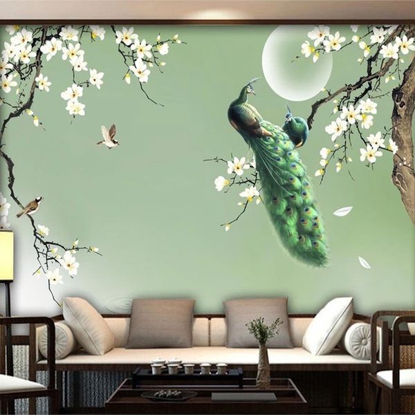 Chinese-style hand-painted magnolia and peacock floral bird mural wallpaper for living room and TV background 3D fresco