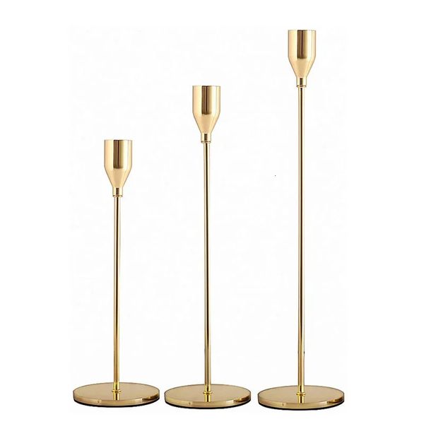 Chinese-style metal candle holders in simple gold design, perfect for weddings, bars, parties, and living room decor, set of 3 pieces