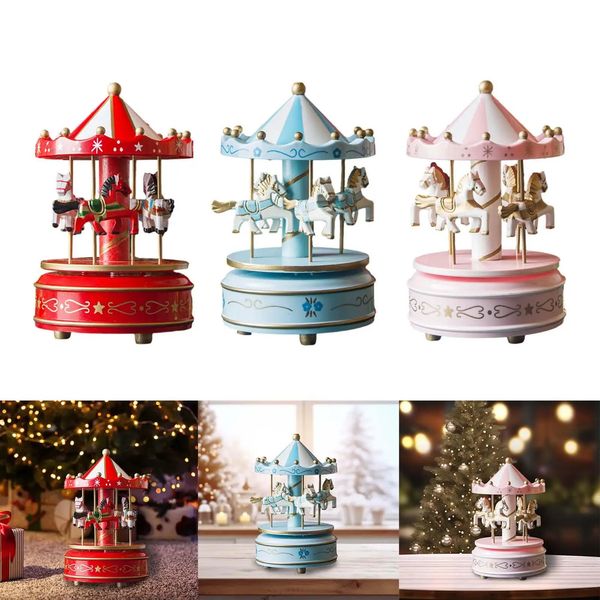 Christmas Wooden Carousel Music Box with Rotating Horse Design for Holiday Decor