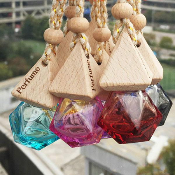 Colorful diamond-shaped perfume bottle pendant air freshener with empty glass container in various hues