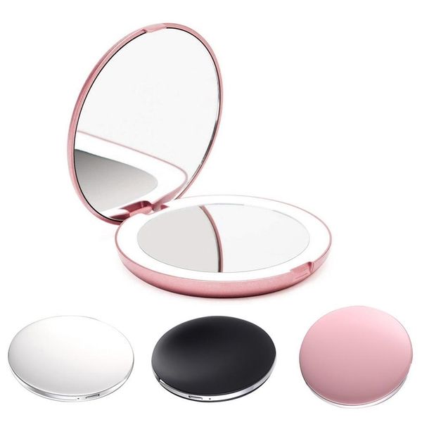 Compact LED makeup mirror with 1X/5X magnification, foldable and portable for travel