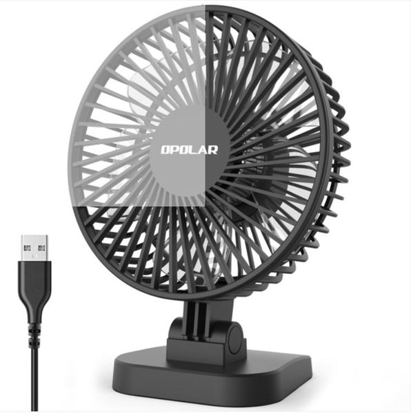 Compact USB desk fan with quiet operation, 40-degree tilt for optimal cooling on office tables