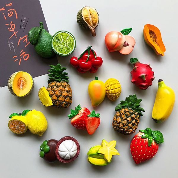 Creative 3D fridge magnets featuring fresh fruit designs like pineapple, lemon, and cherry for stylish kitchen decor