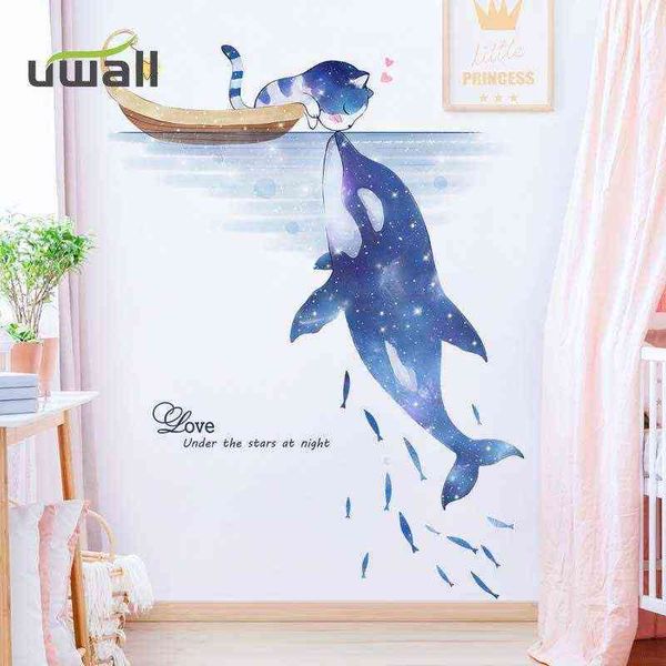 Creative adhesive wall stickers featuring cartoon sea cats and dolphins for kids' room or living room decor
