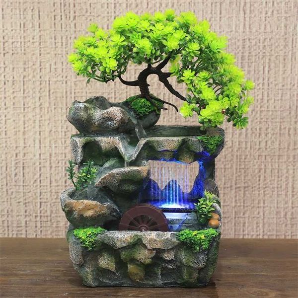 Creative Feng Shui desktop fountain with colorful LED lights and resin rockery waterfall design