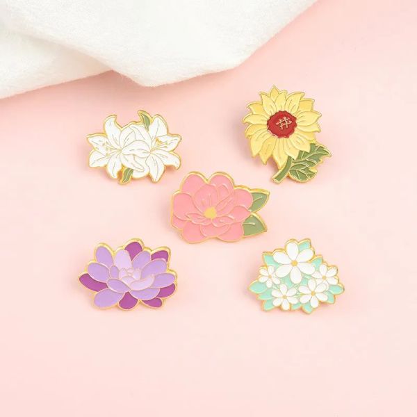 Creative Floral Brooches - Hard Enamel Pins in Zinc Alloy, Sunflower Lily Designs for Backpack, Collar, and Bag Decoration, Jewelry Gift Collection