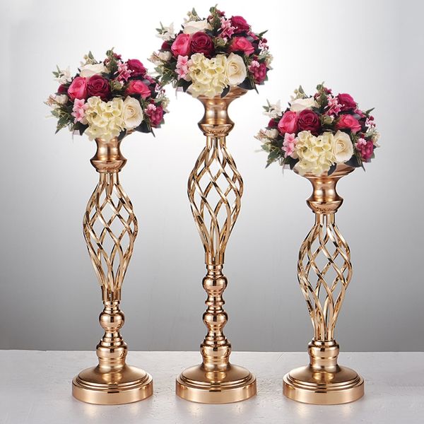 Creative gold-toned hollow metal candle holders for weddings, pathways, tables, and floral displays, ideal for home or hotel vase decorations, sold in sets of 10