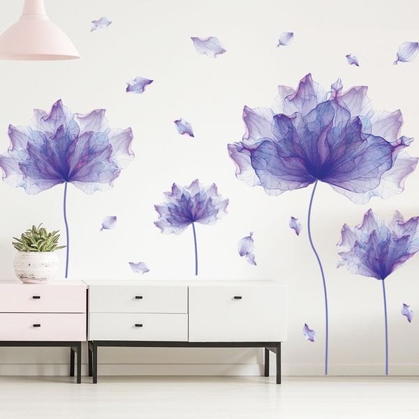 Creative purple floral wall decals for living room and bedroom decor, large 3D vinyl flower wallpaper stickers