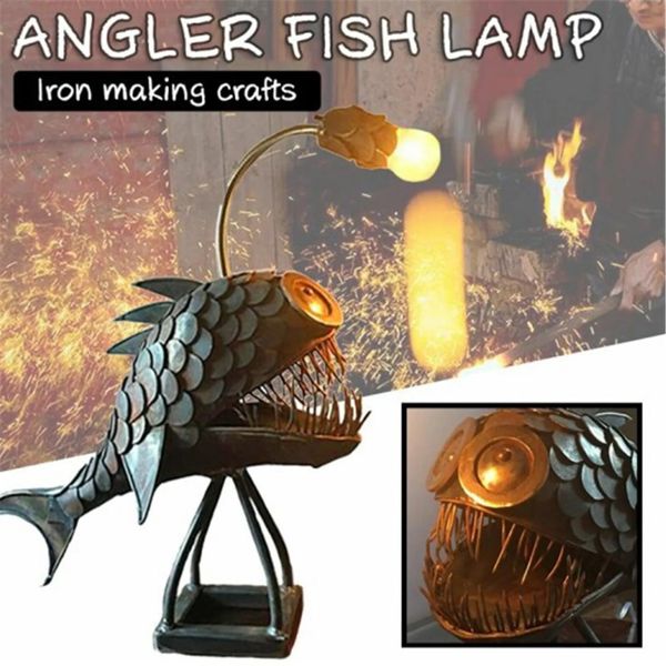 Creative USB Angler Fish Desk Lamp with Shark Design, Metal Art Night Light for Home and Bedroom Decor