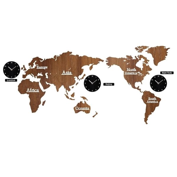 Creative World Map Wall Clock - Large Wooden Silent Wall Watch in Modern European Style Round Design