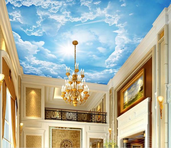 Custom 3D ceiling wallpaper featuring blue sky and white clouds for living room decor, high-quality waterproof material