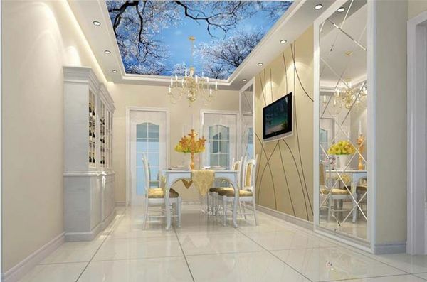 Custom 3D ceiling wallpaper featuring green tree design for living rooms, modern home decor with stereoscopic effect