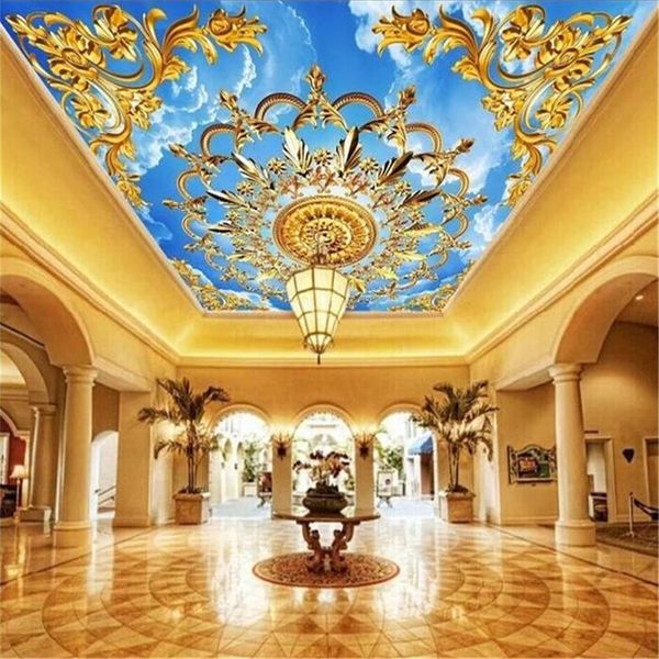 Custom 3D European church mural with golden details against a blue sky and white clouds