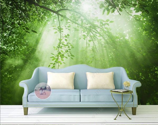 Custom 3D forest green mural wallpaper with sunlight effect for stereoscopic wall decor