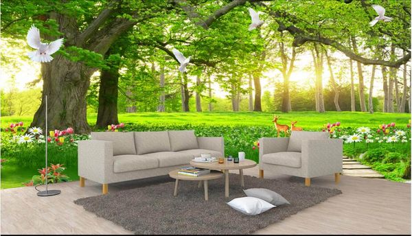 Custom 3D forest tree mural wallpaper for walls, a simple and relaxing green nature painting design