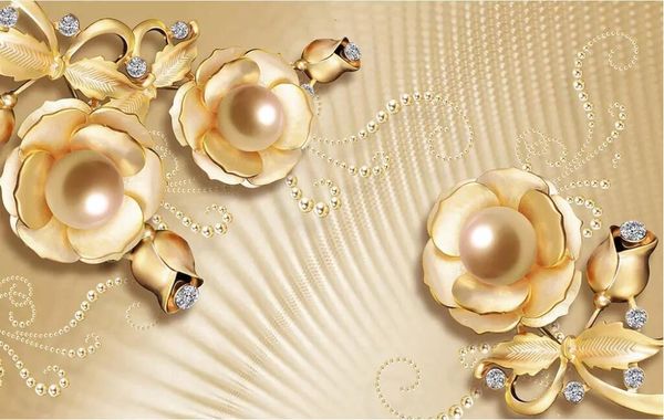 Custom 3D golden pearl floral jewelry-inspired landscape wall mural for luxurious living room decor