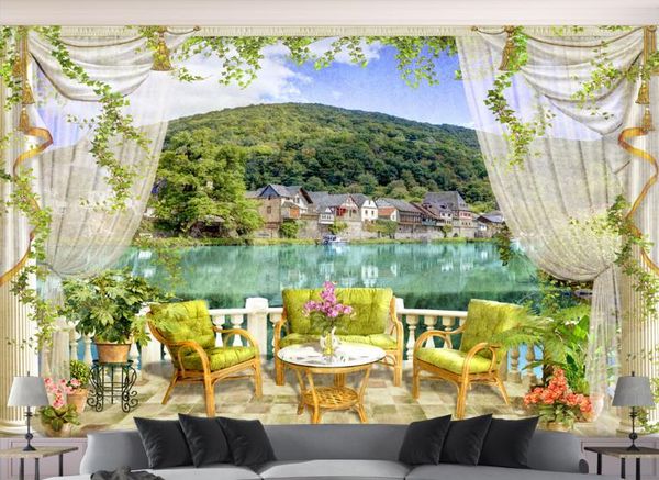 Custom 3D lake view wallpaper for bedroom and living room walls