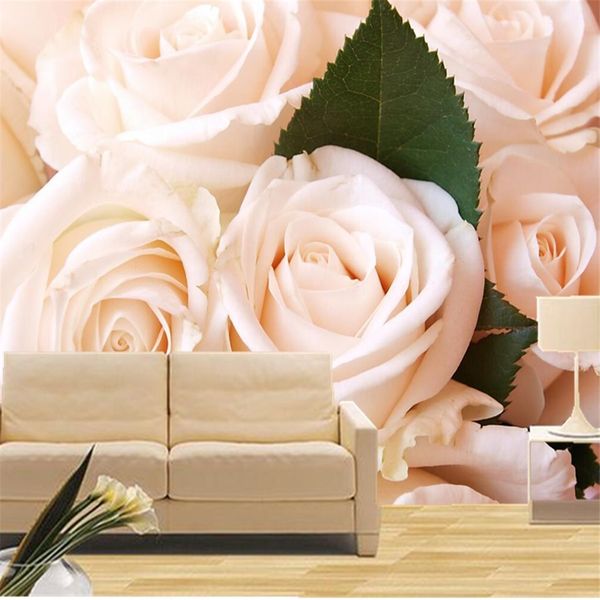 Custom 3D large mural wallpaper featuring pure white roses, ideal for hotel, cafe, living room TV backdrop, sofa area, and bedroom decor
