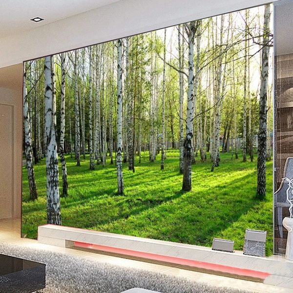 Custom 3D living room and bedroom sofa TV backdrop with waterproof green birch forest wall mural