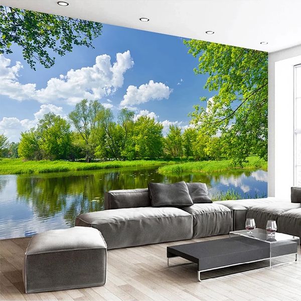 Custom 3D mural wallpaper featuring a serene park lake scene with lush green trees, perfect for living room sofas or bedroom walls