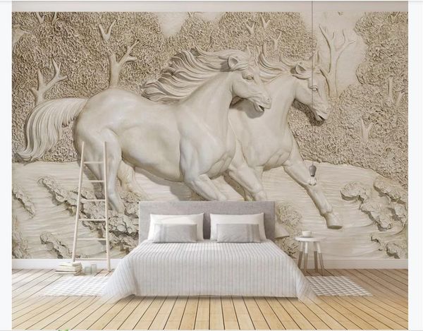 Custom 3D mural wallpaper featuring an embossed white horse design, ideal for bedroom, living room, or TV wall decor