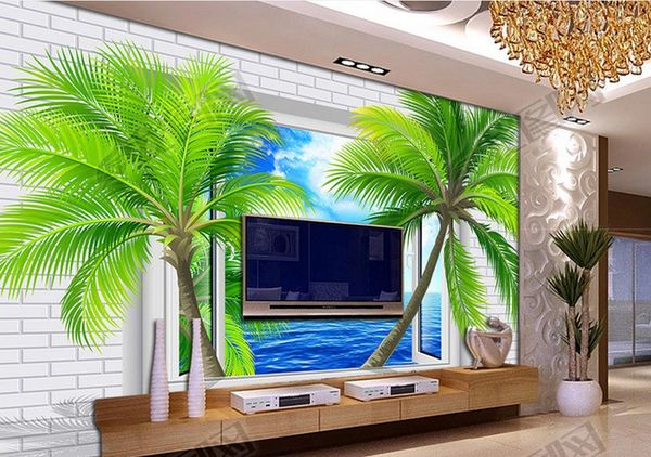 Custom 3D mural wallpaper featuring coconut tree designs for living room and bedroom wall art backgrounds
