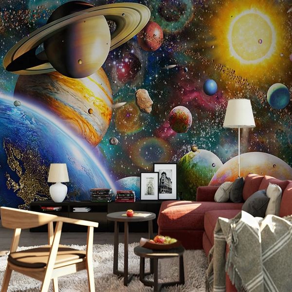 Custom 3D mural wallpaper featuring space universe theme for kids' bedroom gallery background with waterproof painting