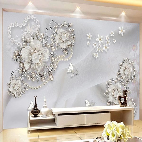 Custom 3D mural with European-style luxury relief featuring pearl jewelry and floral designs for waterproof living room and bedroom wallpaper
