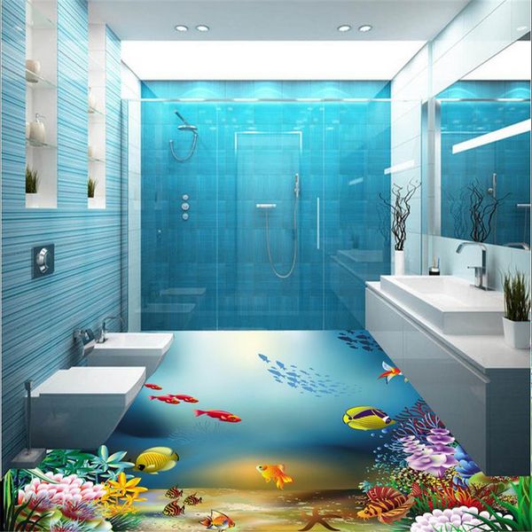 Custom 3D murals for living rooms featuring blue ocean themes and waterproof bathroom wallpapers with stereoscopic floor designs
