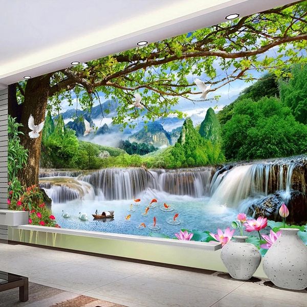 Custom 3D nature wallpaper featuring a green forest with a big tree and waterfall, perfect for bedroom or living room decor