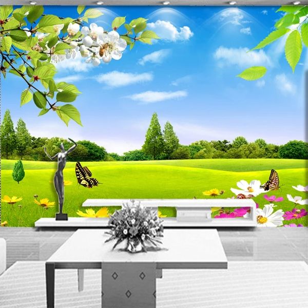 Custom 3D photo mural featuring a blue sky and white meadow flowers, perfect for a nature-inspired living room sofa backdrop
