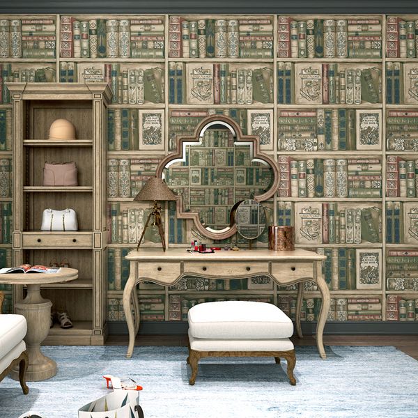 Custom 3D Simulation Bookshelf Wallpaper Live TV Background Wall Paper 3d Stereo American Country Retro Vintage Study Room TV European